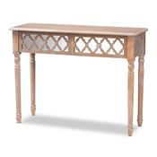 Baxton Studio Celia Transitional Rustic French Country White-Washed Wood and Mirror 2-Drawer Quatrefoil Console Table